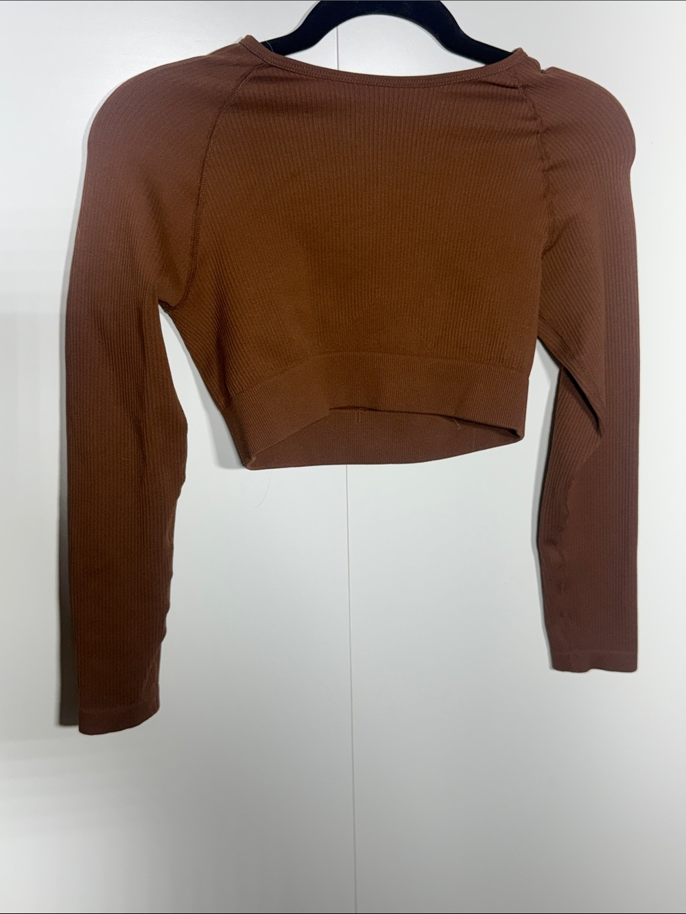 Women's Brown Ribbed Long-Sleeve Cropped Top